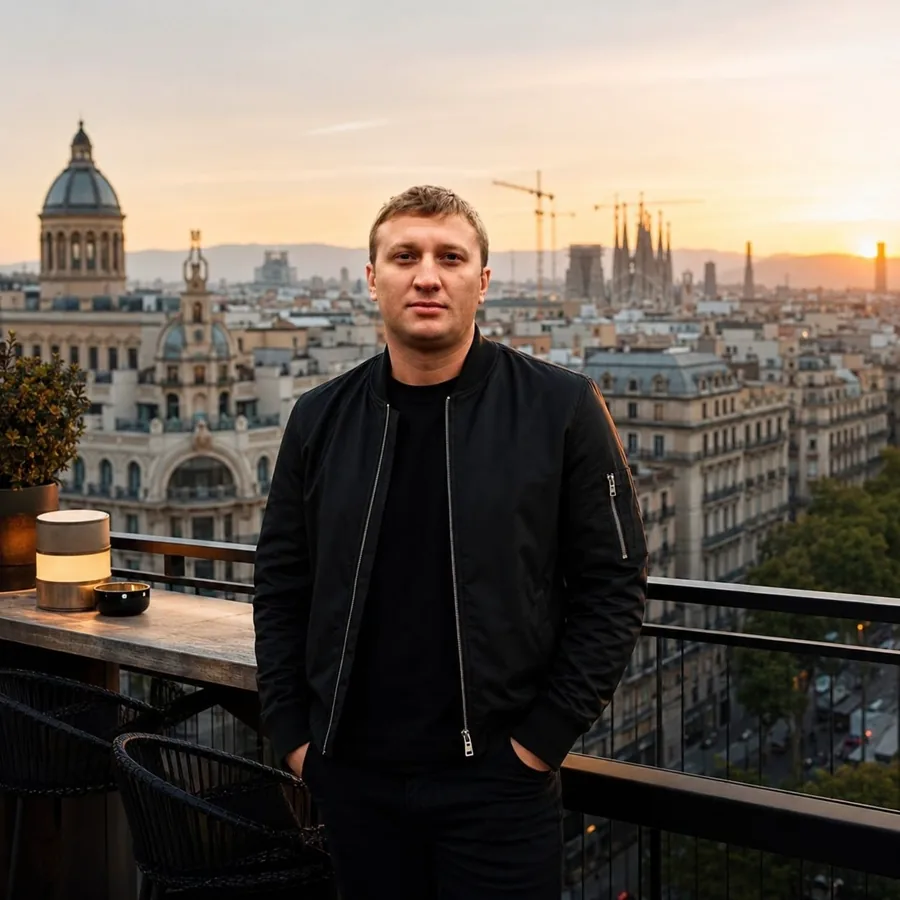 E.V.Geniy Kronikh portrait on a Barcelona rooftop at sunset